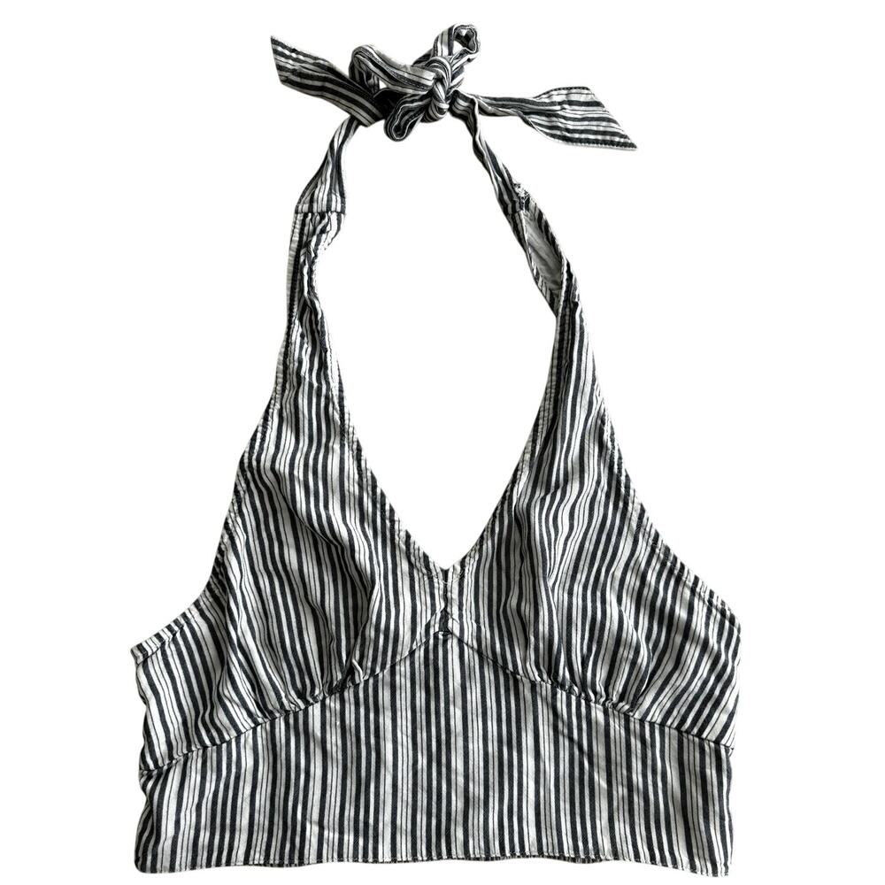 womens american eagle Y2K striped denim halter top crop V neck festival cami